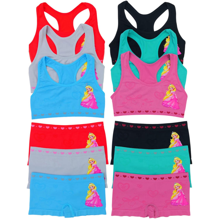 Girl's Pack of 6 Racerback Training Bras & Matching Bottoms