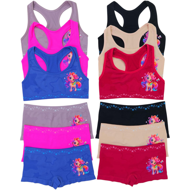 Girl's Pack of 6 Racerback Training Bras & Matching Bottoms