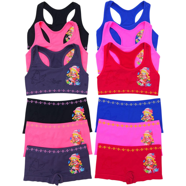 Girl's Pack of 6 Racerback Training Bras & Matching Bottoms