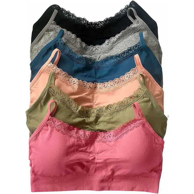 ToBeInStyle Women's Pack of 6 Nylon Wire-Free Convertible Padded Lace Trim Bralettes
