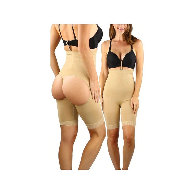 Lace Trim - Beige Women's Butt Lifter Booster Boyshort Control Shaping Shorts