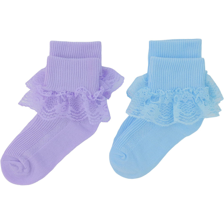 Girls' and Infants' Pack of 6 Ankle Socks with Lace Ruffle Trim and Ribbon - Assorted Dark Pastels Flower Lace Design