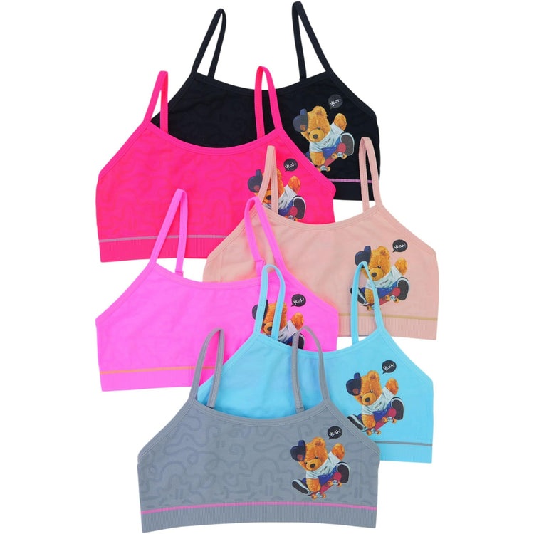 Girl’s Pack of 6 Fun Print Cami Training Bras Top Wire-Free Non-Padded - Shreddin Teddy
