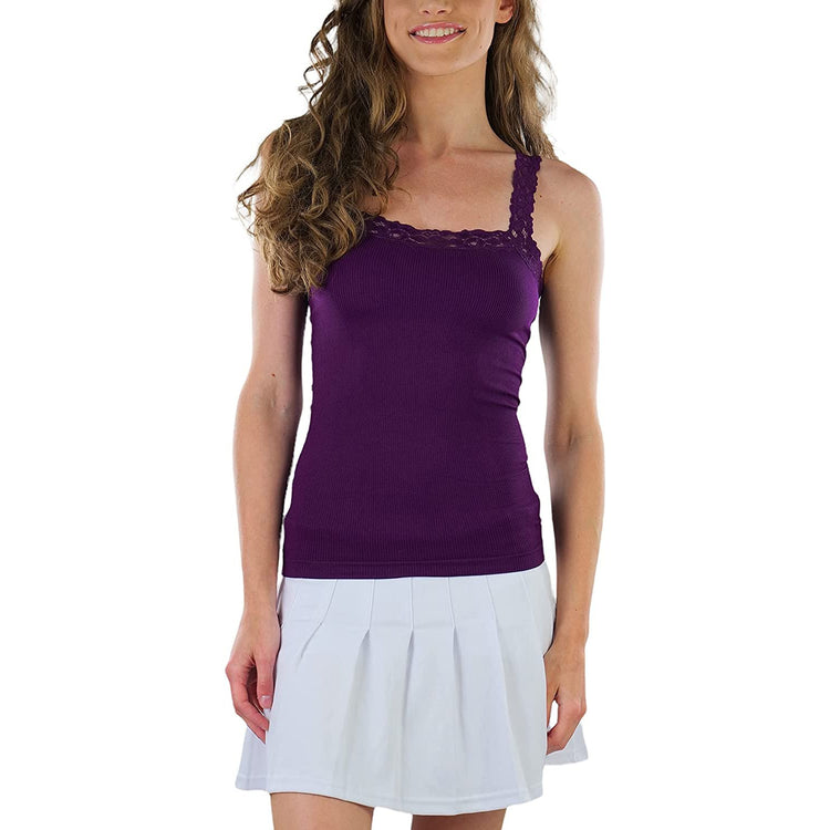 Women's Seamless Adjustable Camisole Top w/Floral Lace Trim Design