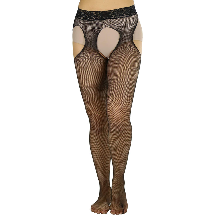Women's Tights With Fishnet Suspender And Lace Waist