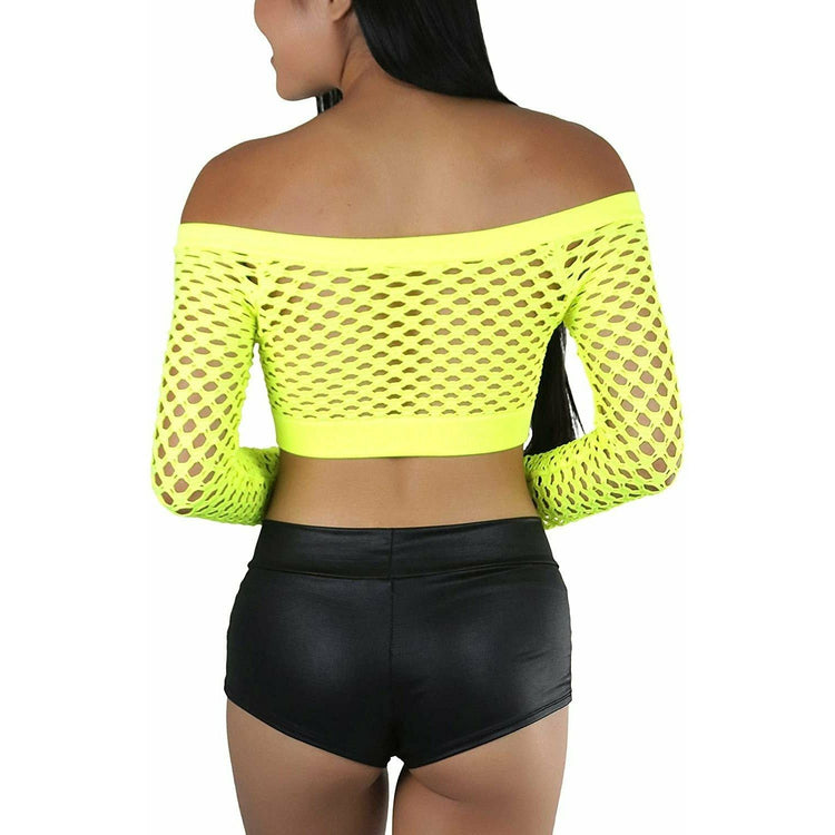 ToBeInStyle Women Stretch Fishnet Long Sleeve Rave See-Through Novelty Crop Top