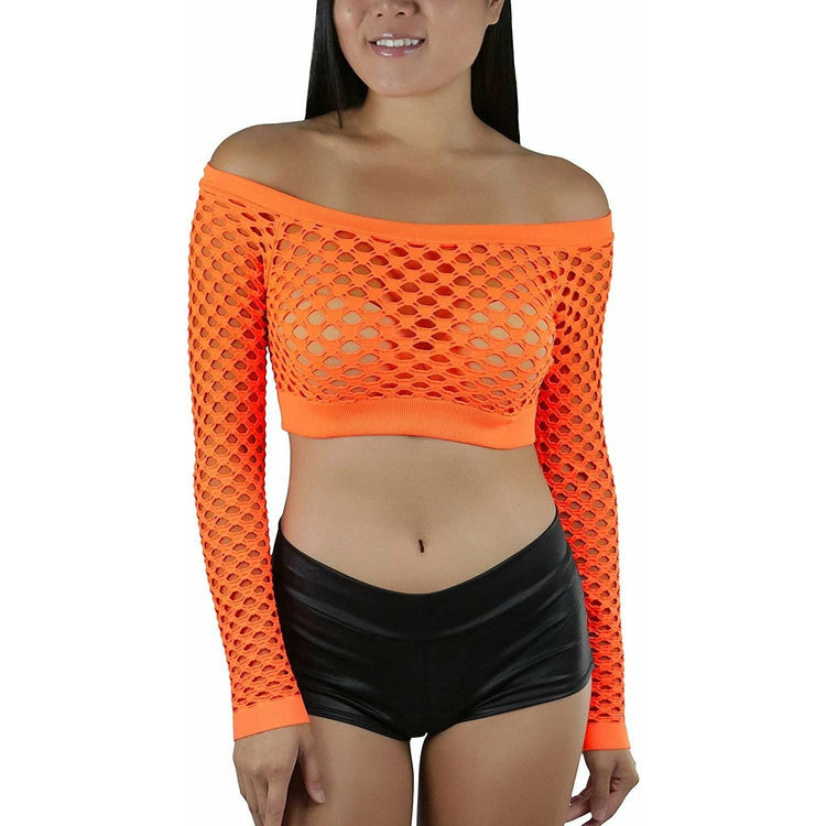 ToBeInStyle Women Stretch Fishnet Long Sleeve Rave See-Through Novelty Crop Top