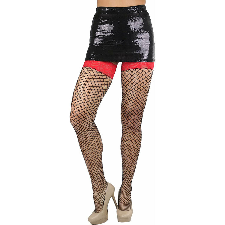 ToBeInStyle Women's Diamond Net Suspender Garter Pantyhose With Contrast Color Lace Top