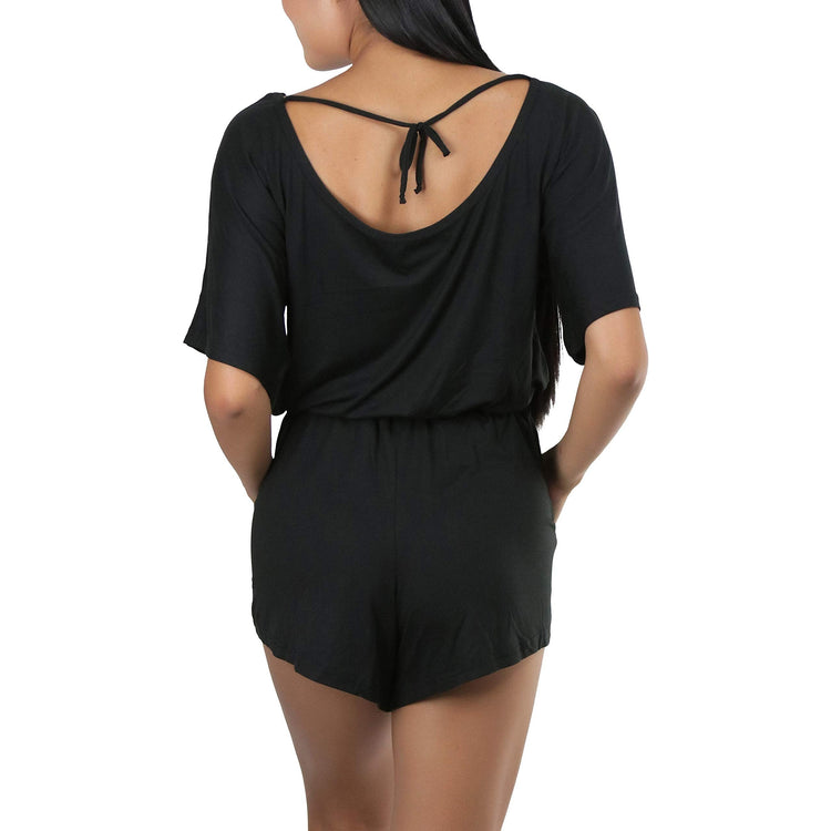 Women's Brushed Microfiber Short Sleeves Pajama Tie Up Open Back Romper