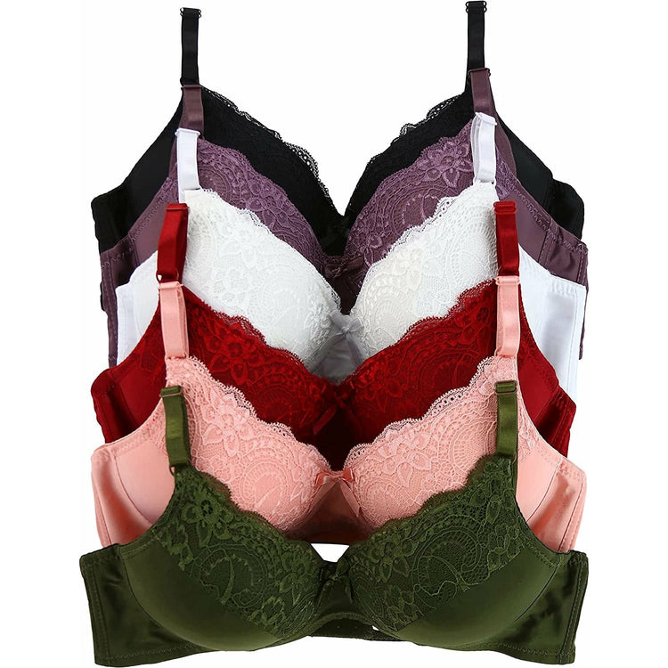 ToBeInStyle Women's Pack of 6 Slightly Padded Underwire Rose Garden Bras w/ Top Half Lace Overlay Cups
