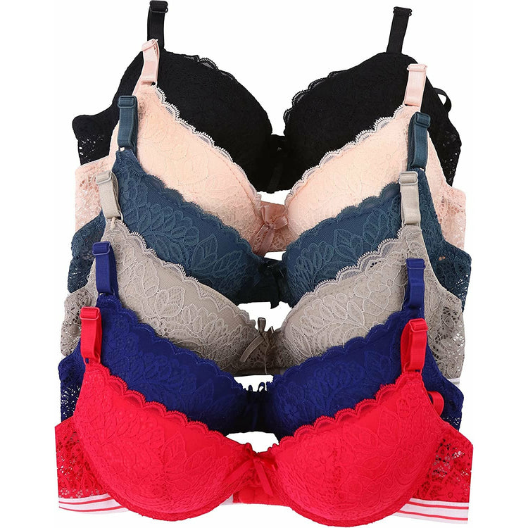 ToBeInStyle Women's Pack of 6 Full Coverage Lace Bras with Bottom Striped Band