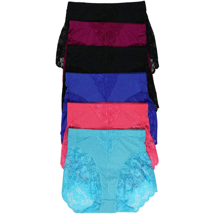Women's Pack of 6 High Rise Exquisite Floral Lace Leg Opening Design Briefs