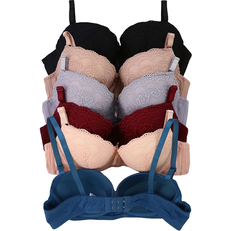 ToBeInStyle Women's Pack of 6 Cotton Push Up Bras with Floral Lace Cup Overlay