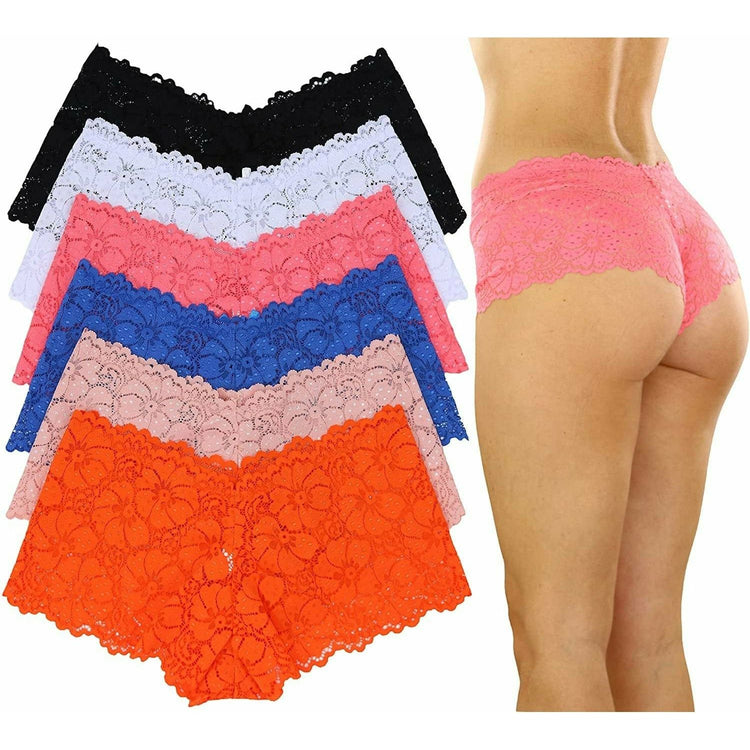 ToBeInStyle Women's Pack of 6 Floral Lace Boyshort Panties with Ribbon