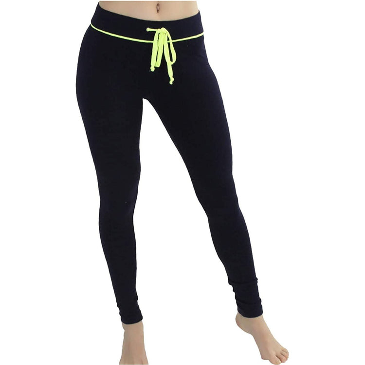 Women's Soft Knit Yoga Cotton Skinny Fit Full Length Leggings Tights w/ Drawstring Contrast
