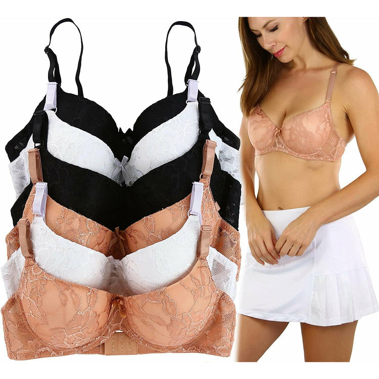 ToBeInStyle Women's Pack of 6 Padded Underwire Bras w/ Lace Mesh Band & Lace Overlay Cup