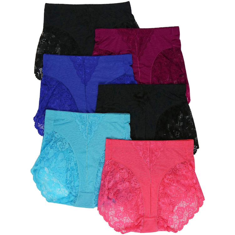 Women's Pack of 6 High Rise Exquisite Floral Lace Leg Opening Design Briefs