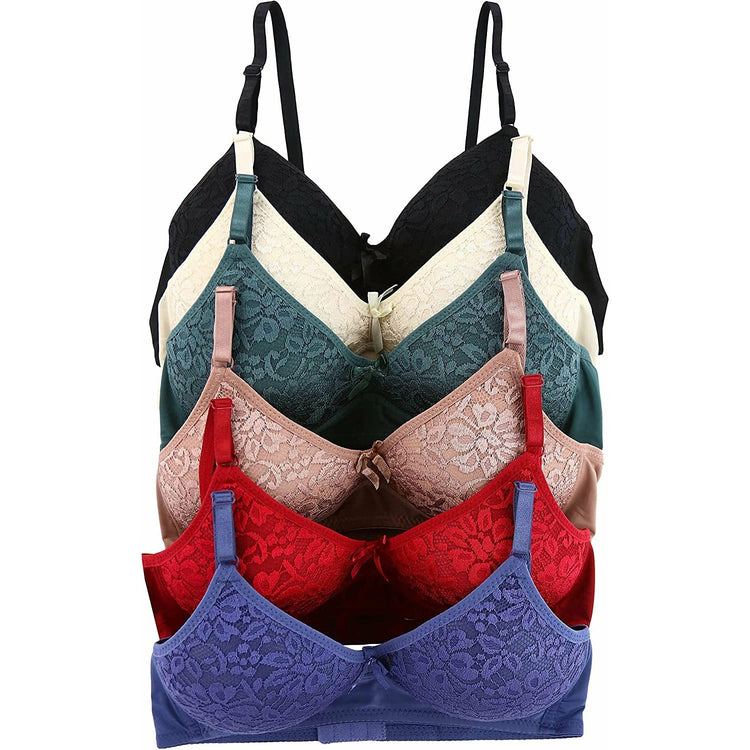 ToBeInStyle Women's Pack of 6 Slightly Padded Underwire Bras w/ Lace Flower Cups