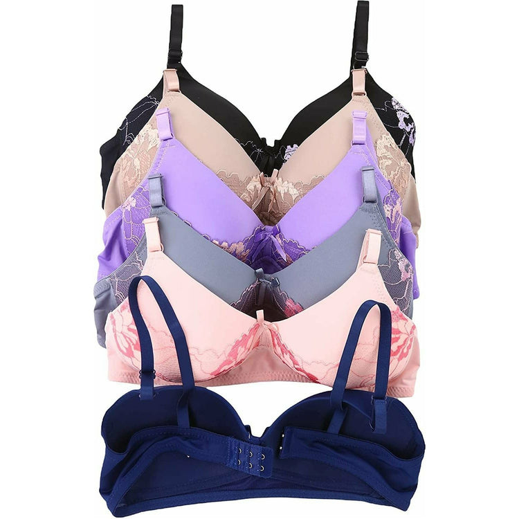 ToBeInStyle Women's Pack of 6 Wire Free Bras with Bold Floral Lace Overlay