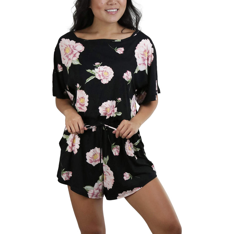 Women's Brushed Microfiber Short Sleeves Pajama Tie Up Open Back Romper