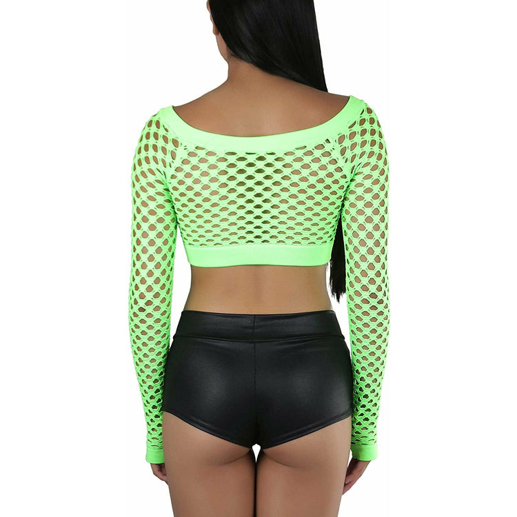 ToBeInStyle Women Stretch Fishnet Long Sleeve Rave See-Through Novelty Crop Top