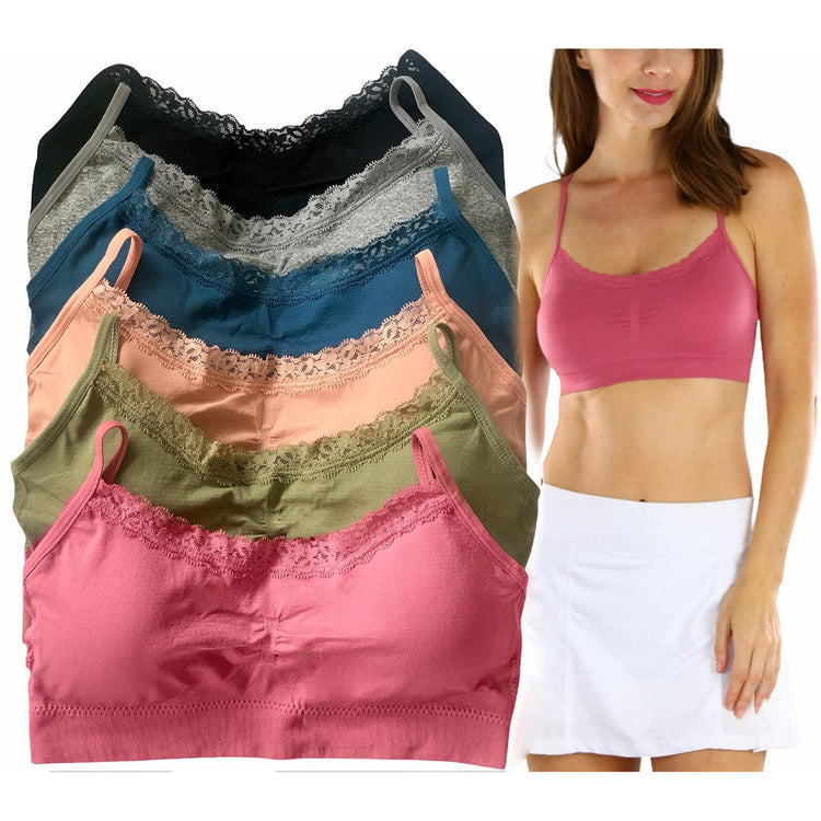 Women's Pack of 6 Nylon Wire-Free Padded Lace Trim Bralettes