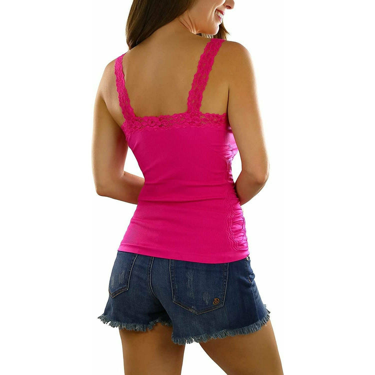 Women’s Wrinkled Seamless Camisole Top with Floral Lace Trim Straps