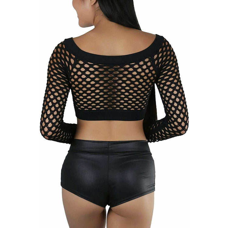 ToBeInStyle Women Stretch Fishnet Long Sleeve Rave See-Through Novelty Crop Top