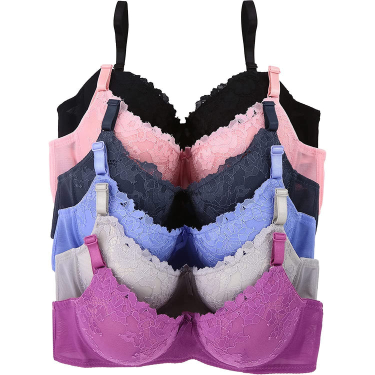 ToBeInStyle Women's Pack of 6 Floral Lace Detail Bras with Lace Trim & Mesh Band