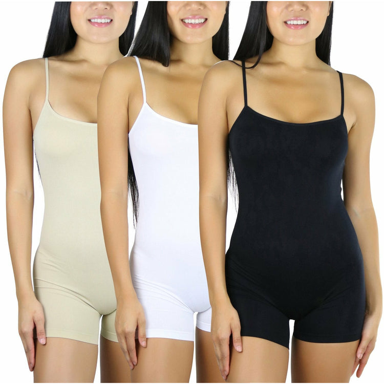 Women's Pack of 3 Essential Layering Seamless Pull On Bodysuit Cami Top Shorts Bottoms