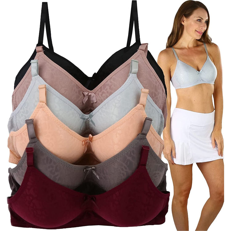 ToBeInStyle Women's Pack of 6 Wire-Free Leopard Jacquard Print Bras