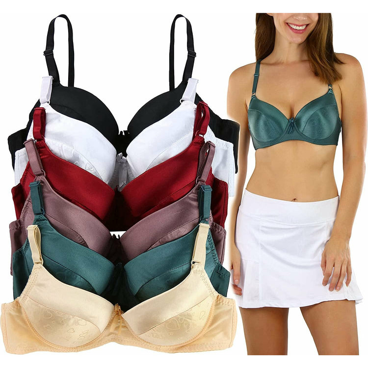 ToBeInStyle Women's Pack of 6 Padded Underwire Silky Smooth Bras w/ Half Cup Heart Design
