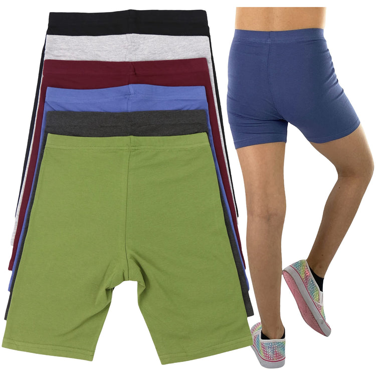 Girls' Pack of 6 Cotton-Spandex Blend Stretch Waistband Short Length Shorts