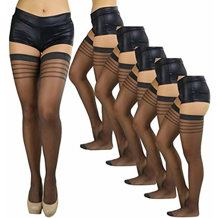 ToBeInStyle Women’s Pack of 6 Top Stripe Band Sheer Thigh High Stockings