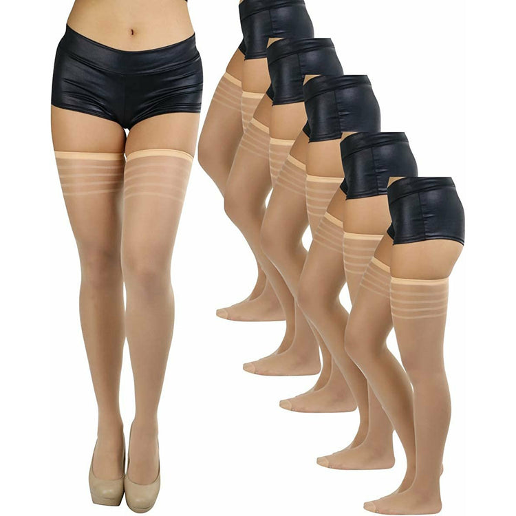 ToBeInStyle Women’s Pack of 6 Top Stripe Band Sheer Thigh High Stockings