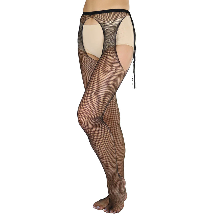 Women's Sheer Pantyhose With Fishnet Suspender And Tie Bow