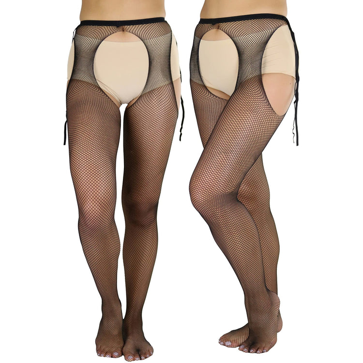 Women's Sheer Pantyhose With Fishnet Suspender And Tie Bow