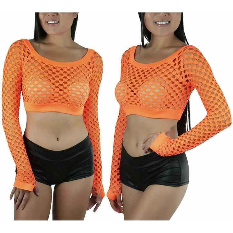 ToBeInStyle Women Stretch Fishnet Long Sleeve Rave See-Through Novelty Crop Top
