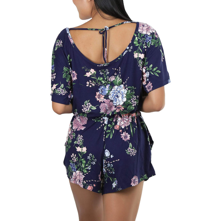 Women's Brushed Microfiber Short Sleeves Pajama Tie Up Open Back Romper