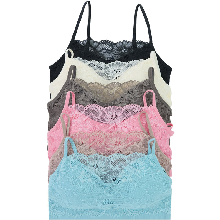 Women's Pack of 6 Nylon Wire-Free Padded Lace Trim Bralettes