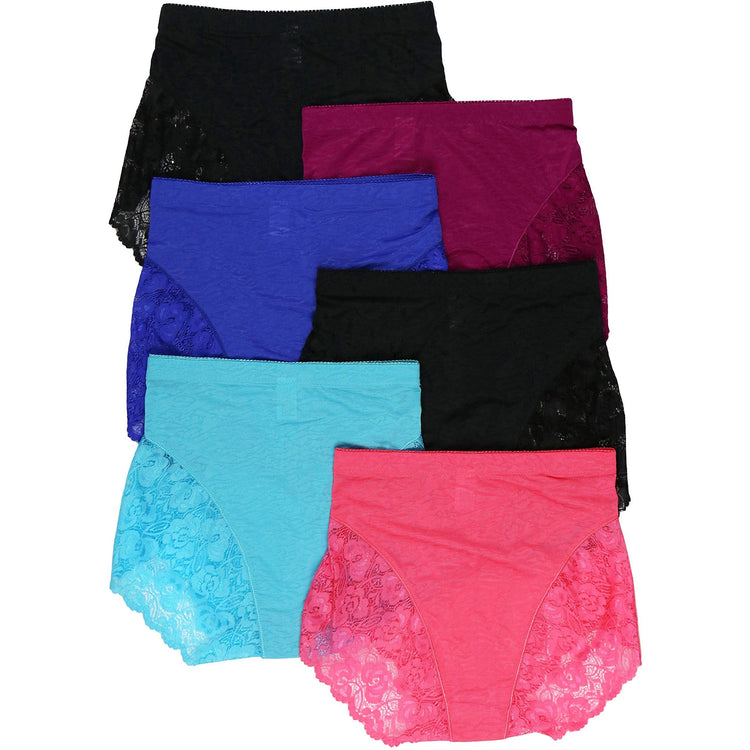 Women's Pack of 6 High Rise Exquisite Floral Lace Leg Opening Design Briefs