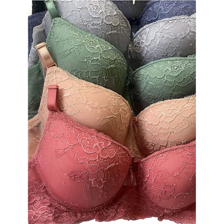 ToBeInStyle Women's Pack of 6 Pastel Bras w/ Floral Design and Lace Band