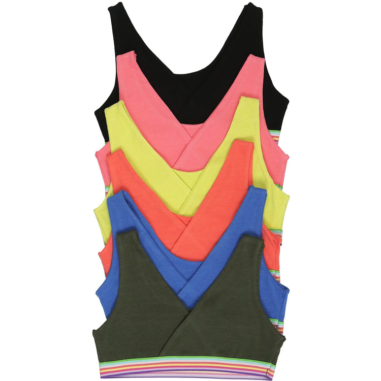 Girls' Pack of 6 Wrap Style Back Cotton Training Bra with Rainbow Elastic
