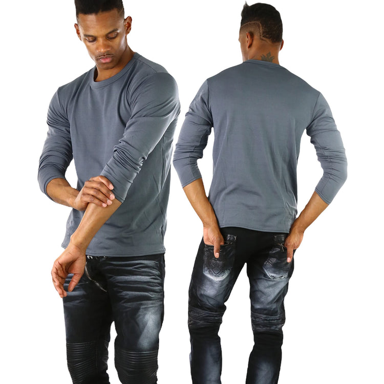 Men's Premium Fleece Lined Microfiber Thermal Long Sleeve Crewneck Shirt Top