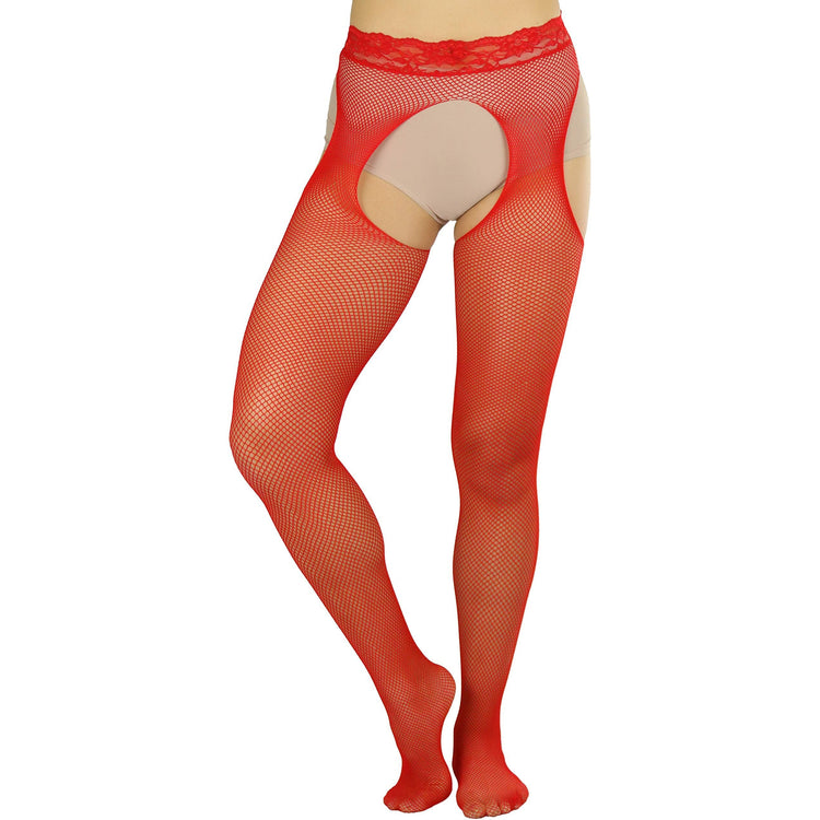 Women's Tights With Fishnet Suspender And Lace Waist