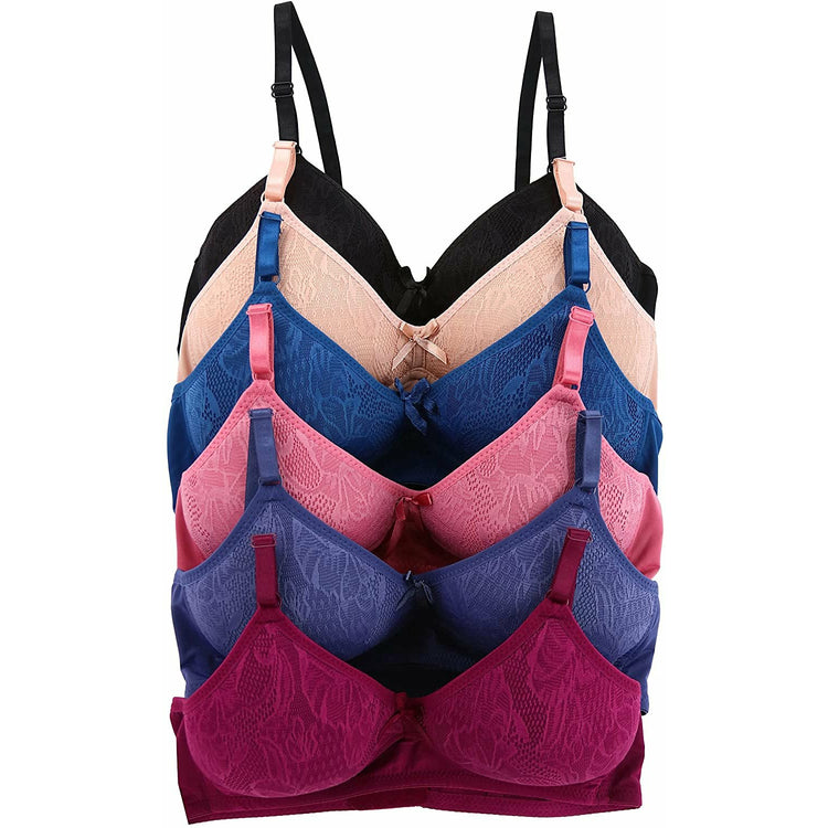 ToBeInStyle Women's Pack of 6 Padded Underwire Leafy Patterned Wild Berry Bras