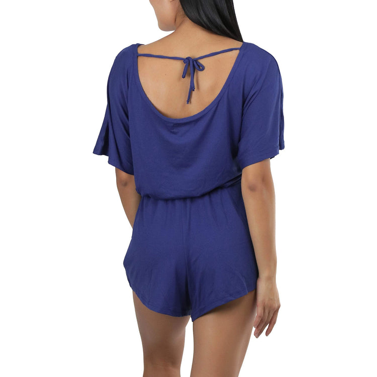 Women's Brushed Microfiber Short Sleeves Pajama Tie Up Open Back Romper