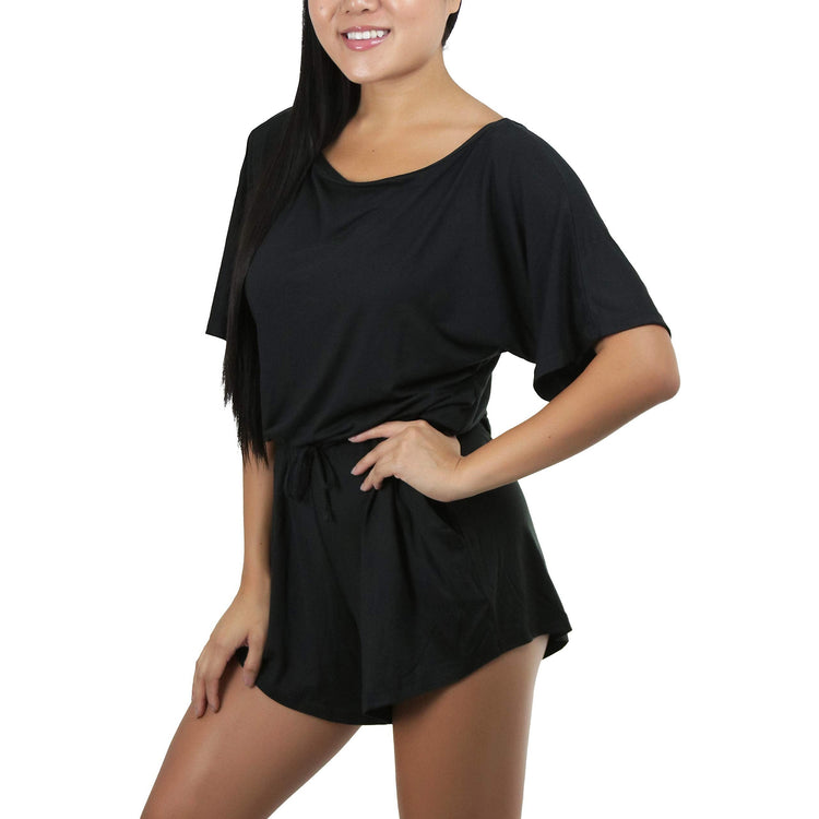 Women's Brushed Microfiber Short Sleeves Pajama Tie Up Open Back Romper