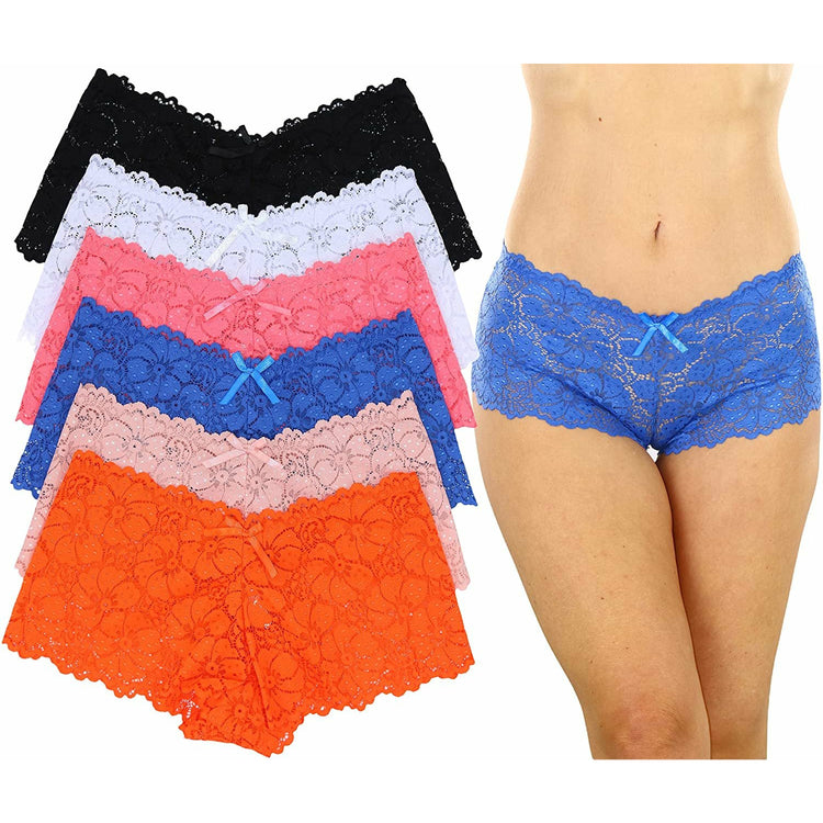 ToBeInStyle Women's Pack of 6 Floral Lace Boyshort Panties with Ribbon