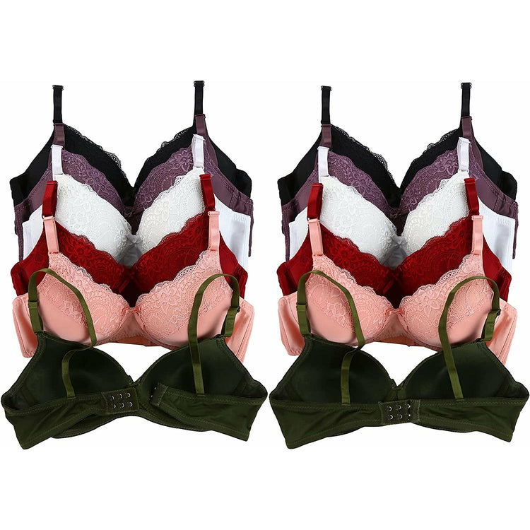 ToBeInStyle Women's Pack of 6 Slightly Padded Underwire Rose Garden Bras w/ Top Half Lace Overlay Cups